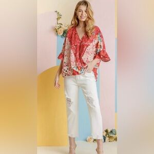 UMGEE Floral Red Multi Faux Wrap Style V-Neck Blouse Top Ruffle Sleeve Boho